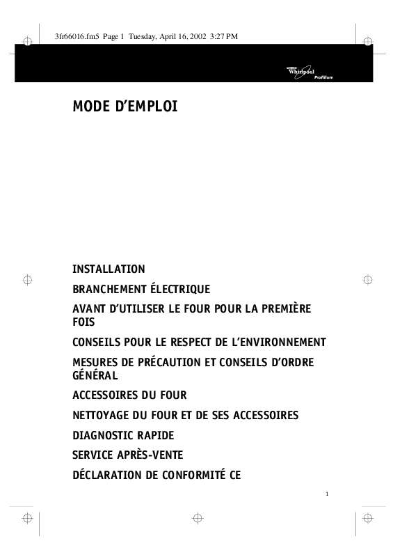 Guide utilisation WHIRLPOOL AKP 983 IX  - MODE D'EMPLOI de la marque WHIRLPOOL