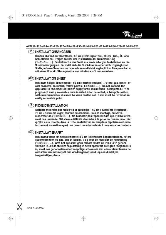 Guide utilisation WHIRLPOOL AKR 429 IX  - TABLEAU DE PROGRAMMES de la marque WHIRLPOOL