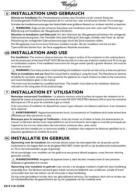 Guide utilisation WHIRLPOOL AKR 521 ME  - MODE D'EMPLOI de la marque WHIRLPOOL