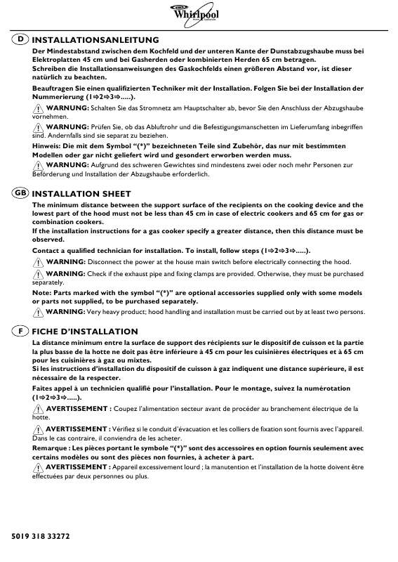 Guide utilisation WHIRLPOOL AKR 550 IM  - TABLEAU DE PROGRAMMES de la marque WHIRLPOOL