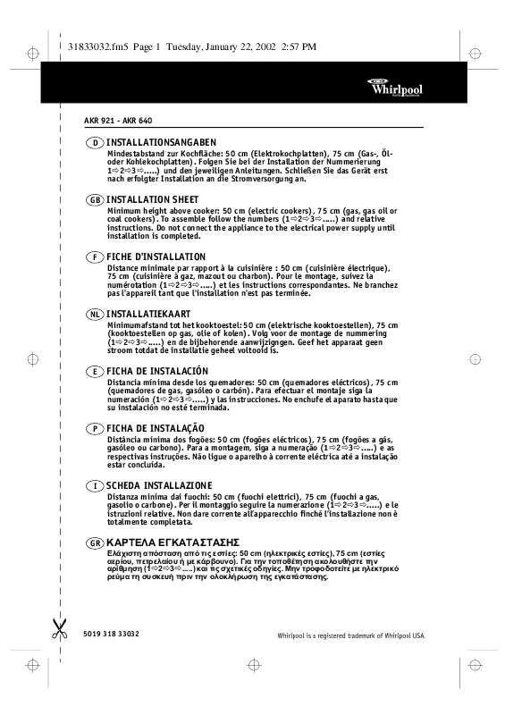 Guide utilisation WHIRLPOOL AKR 640 AL  - TABLEAU DE PROGRAMMES de la marque WHIRLPOOL