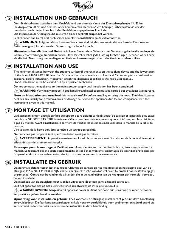 Guide utilisation WHIRLPOOL AKR 798 IX  - MODE D'EMPLOI de la marque WHIRLPOOL