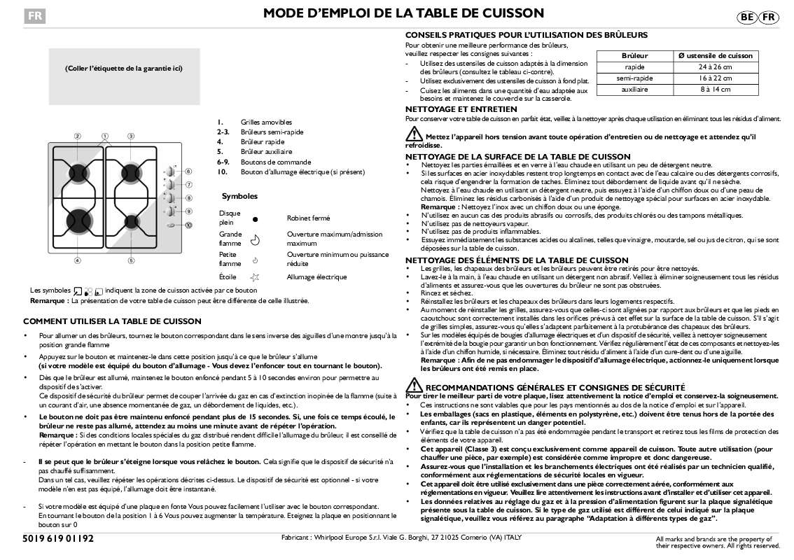 Guide utilisation WHIRLPOOL AKM 200/NB  - GUIDE D'INSTALLATION de la marque WHIRLPOOL