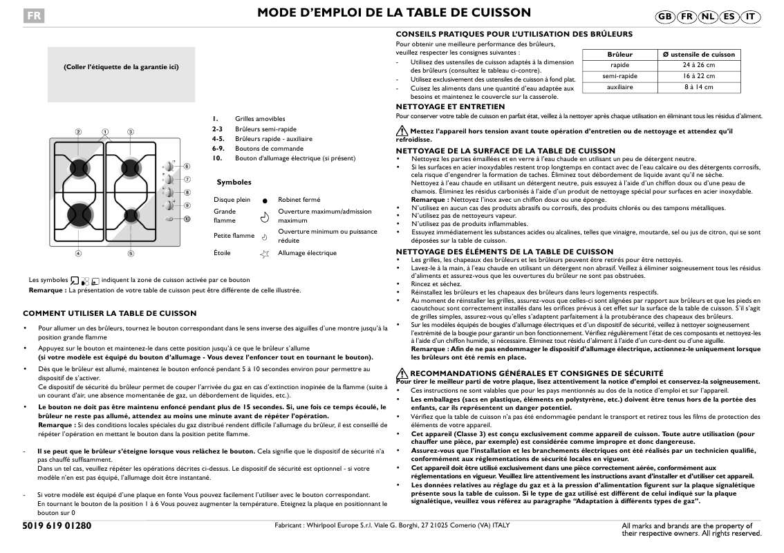 Guide utilisation WHIRLPOOL AKM 228/IX  - TABLEAU DE PROGRAMMES de la marque WHIRLPOOL