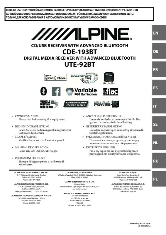 Guide utilisation ALPINE UTE-92BT  de la marque ALPINE