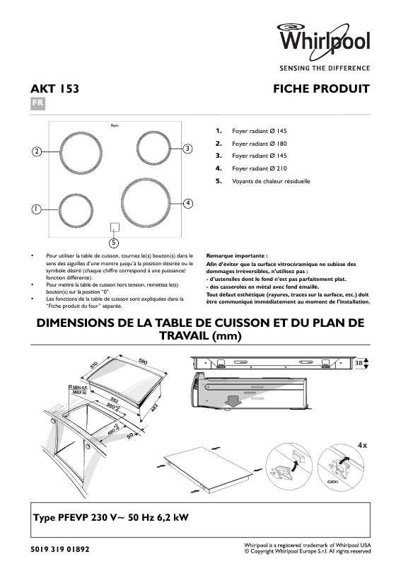 Guide utilisation WHIRLPOOL AKT 153 IX  - TABLEAU DE PROGRAMMES de la marque WHIRLPOOL