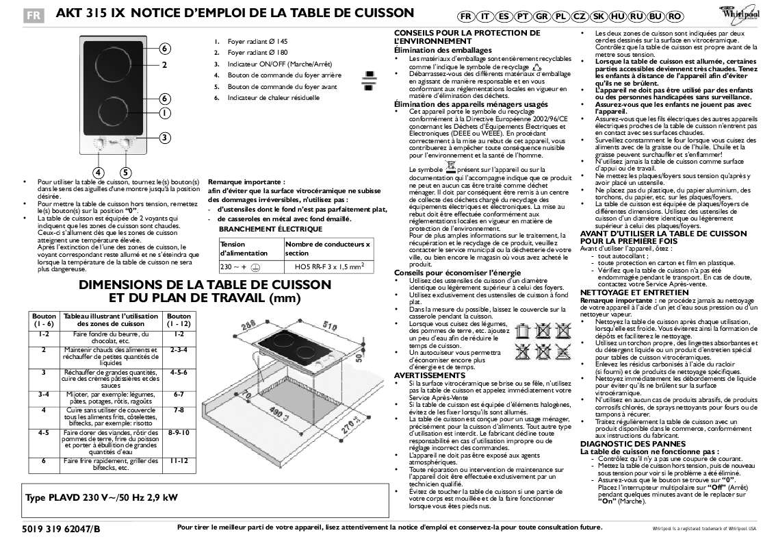 Guide utilisation WHIRLPOOL AKT 315/IX  - MODE D'EMPLOI de la marque WHIRLPOOL