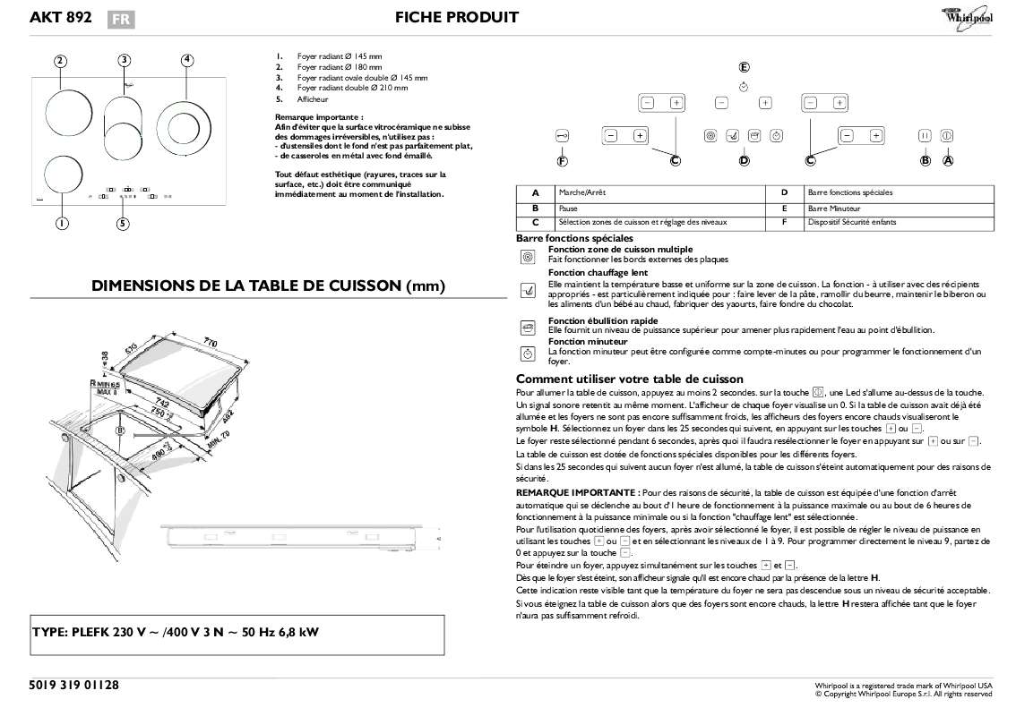 Guide utilisation WHIRLPOOL AKT 892/IX  - TABLEAU DE PROGRAMMES de la marque WHIRLPOOL