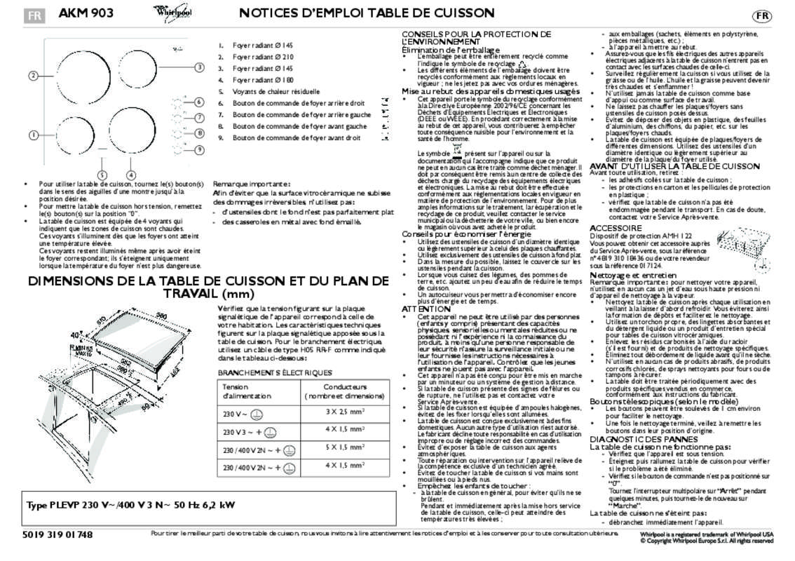 Guide utilisation WHIRLPOOL AKM903NE de la marque WHIRLPOOL