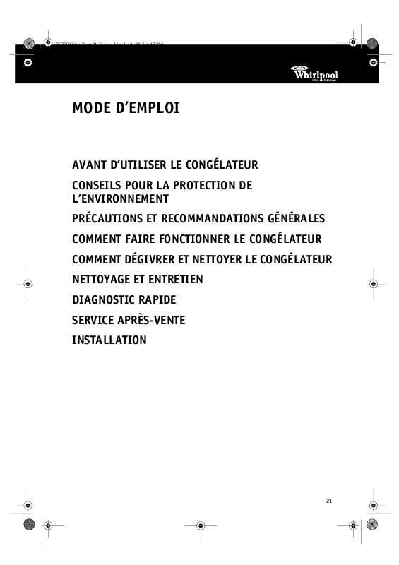 Guide utilisation WHIRLPOOL AFG 7080  - MODE D'EMPLOI de la marque WHIRLPOOL