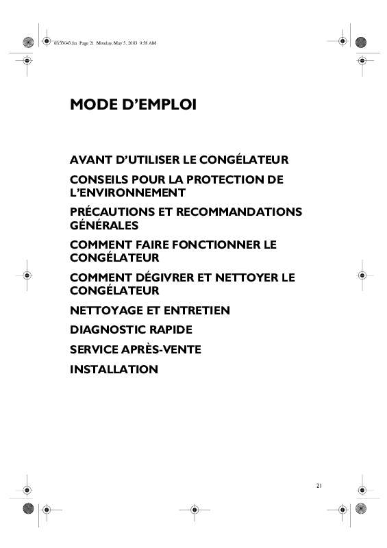 Guide utilisation WHIRLPOOL AFG-MAGIC-1  - MODE D'EMPLOI de la marque WHIRLPOOL