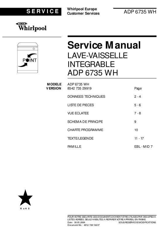 Guide utilisation WHIRLPOOL ADP 6735 WH  - SERVICE MANUAL de la marque WHIRLPOOL