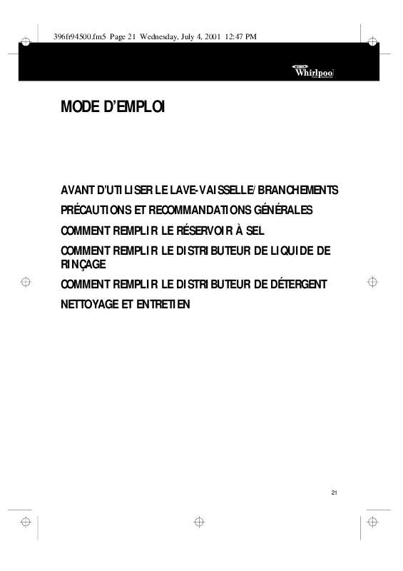 Guide utilisation WHIRLPOOL ADG 151  - MODE D'EMPLOI de la marque WHIRLPOOL