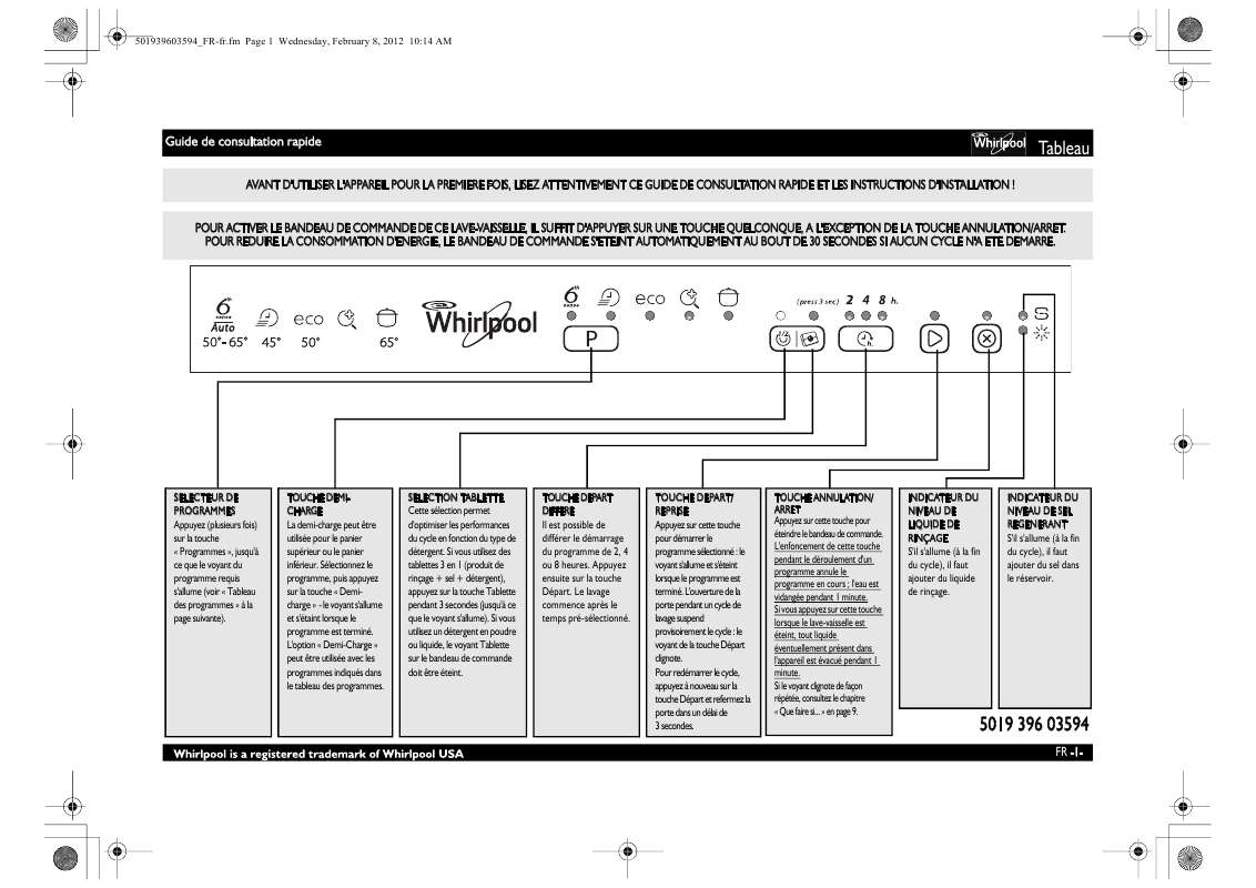 Guide utilisation WHIRLPOOL ADG 6353 A TR FD  - TABLEAU DE PROGRAMMES de la marque WHIRLPOOL