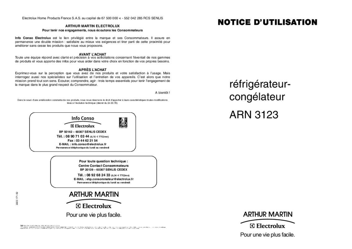 Guide utilisation ARTHUR MARTIN ARN 3123 & ARN3123 de la marque ARTHUR MARTIN