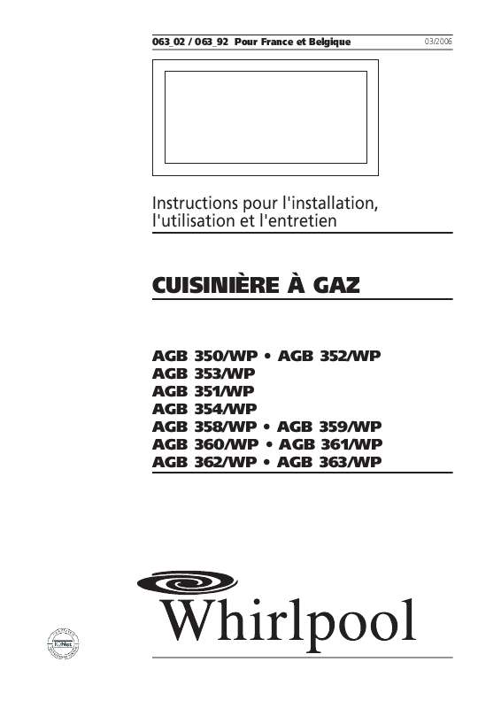 Guide utilisation WHIRLPOOL AGB 354/WP  - MODE D'EMPLOI de la marque WHIRLPOOL