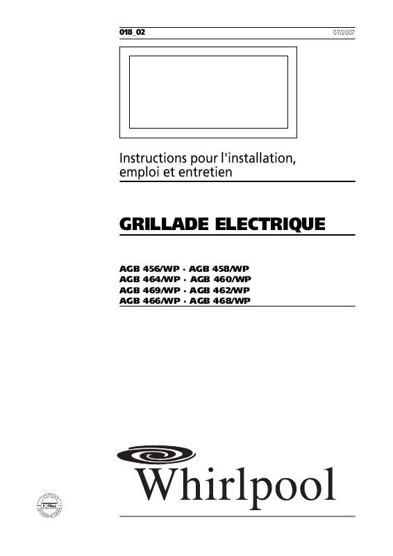 Guide utilisation WHIRLPOOL AGB 456/WP  - MODE D'EMPLOI de la marque WHIRLPOOL
