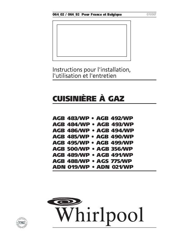 Guide utilisation WHIRLPOOL AGB 483/WP  - MODE D'EMPLOI de la marque WHIRLPOOL