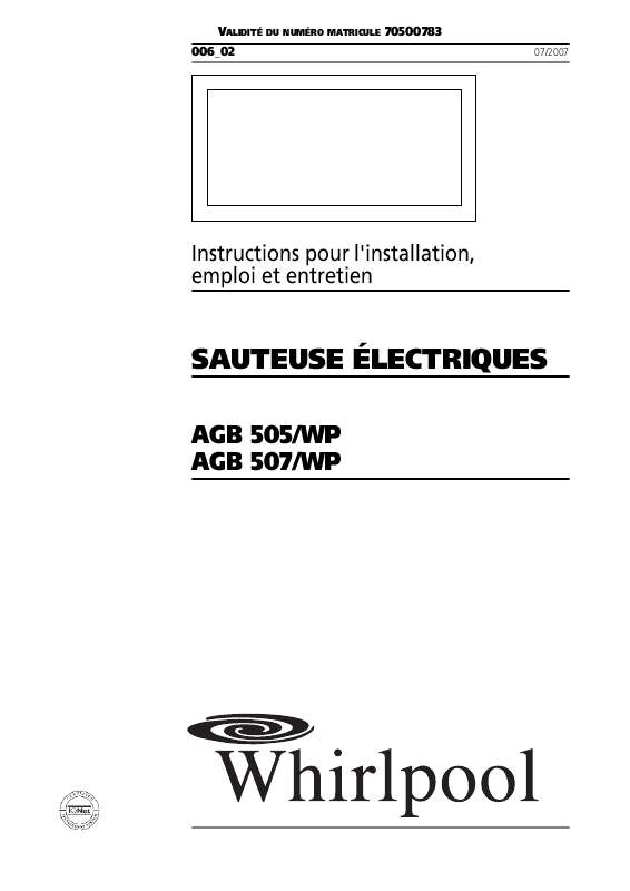 Guide utilisation WHIRLPOOL AGB 505/WP  - MODE D'EMPLOI de la marque WHIRLPOOL