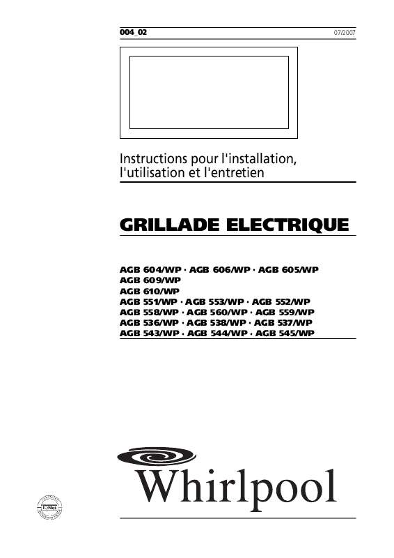 Guide utilisation WHIRLPOOL AGB 537/WP  - MODE D'EMPLOI de la marque WHIRLPOOL