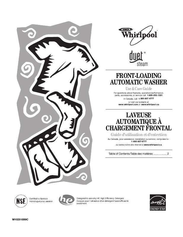 Guide utilisation WHIRLPOOL WFW9550WL de la marque WHIRLPOOL