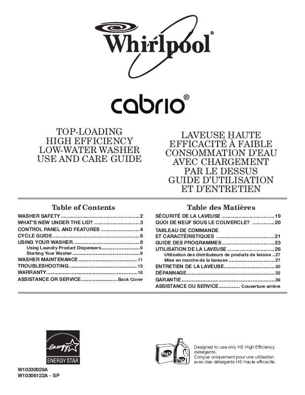 Guide utilisation WHIRLPOOL WTW7600XW de la marque WHIRLPOOL