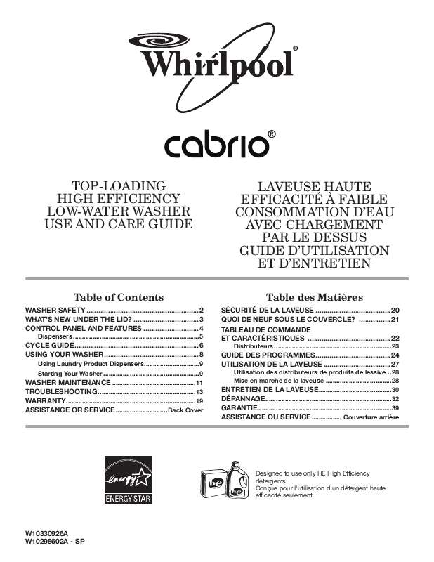 Guide utilisation WHIRLPOOL WTW7800XW de la marque WHIRLPOOL