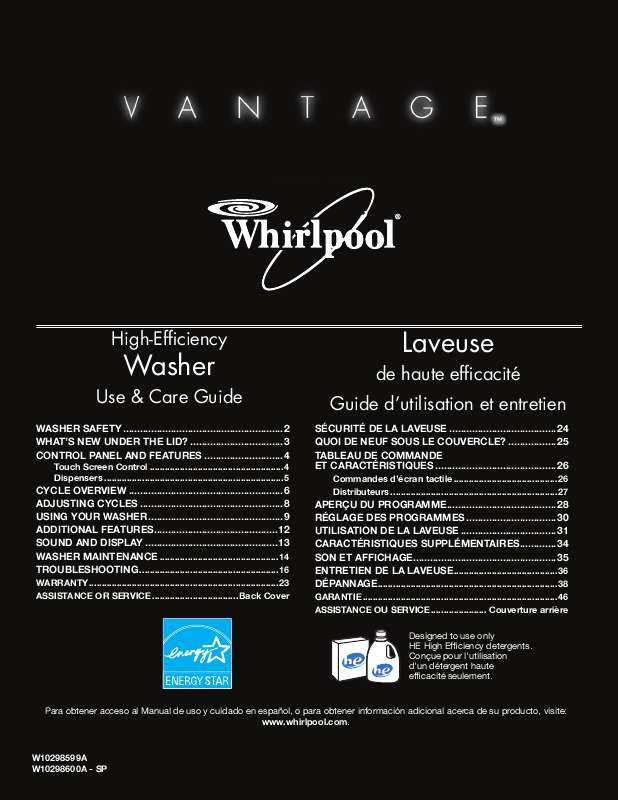 Guide utilisation WHIRLPOOL WTW7990XG de la marque WHIRLPOOL