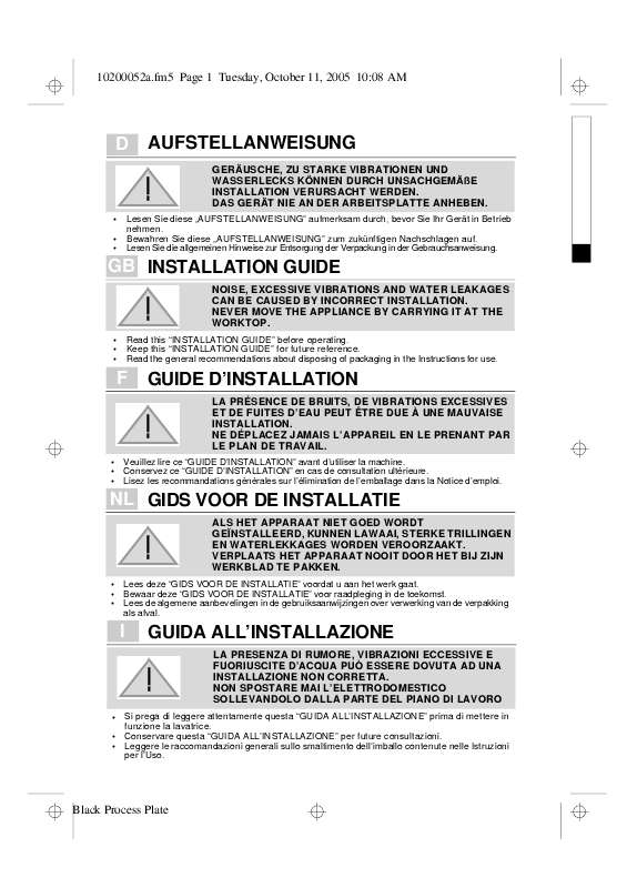 Guide utilisation WHIRLPOOL AWM 042  - GUIDE D'INSTALLATION de la marque WHIRLPOOL