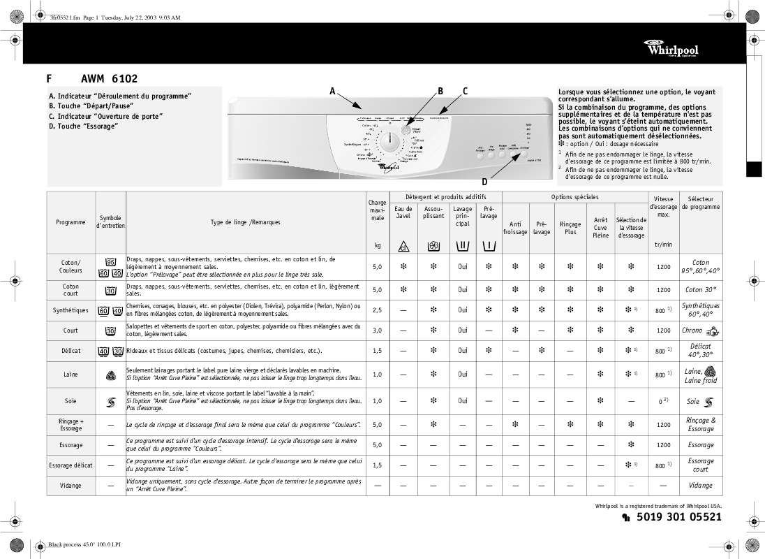 Guide utilisation WHIRLPOOL AWM 228  - LIBRO DE INSTRUCCIONES de la marque WHIRLPOOL