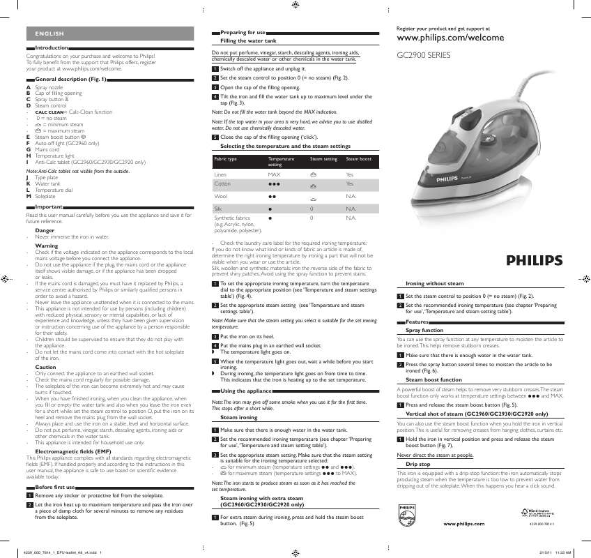 Guide utilisation PHILIPS GC 2920  de la marque PHILIPS