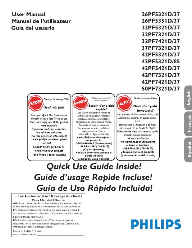 Guide utilisation PHILIPS 26PF5321D-37B  de la marque PHILIPS