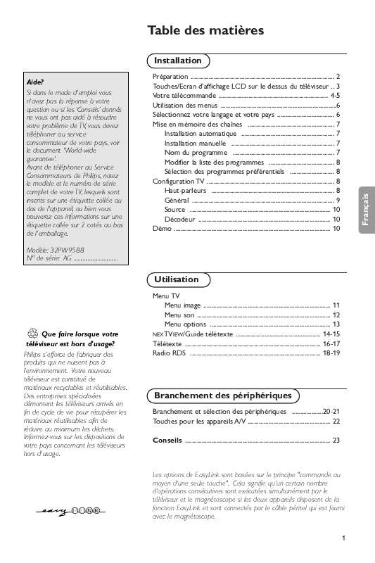Guide utilisation PHILIPS 32PW9588  de la marque PHILIPS