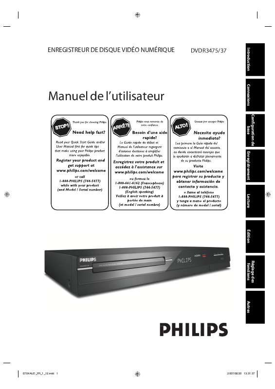 Guide utilisation PHILIPS DVDR3475-37B  de la marque PHILIPS