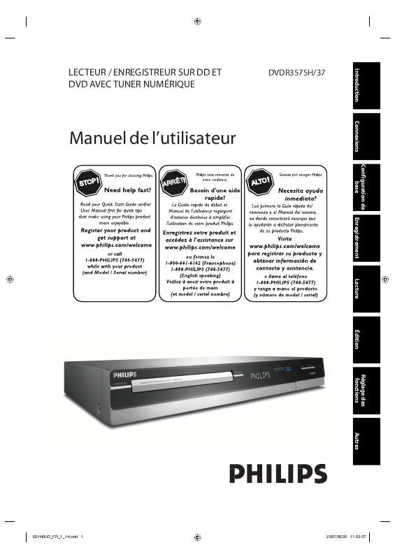 Guide utilisation PHILIPS DVDR3575H-37E  de la marque PHILIPS