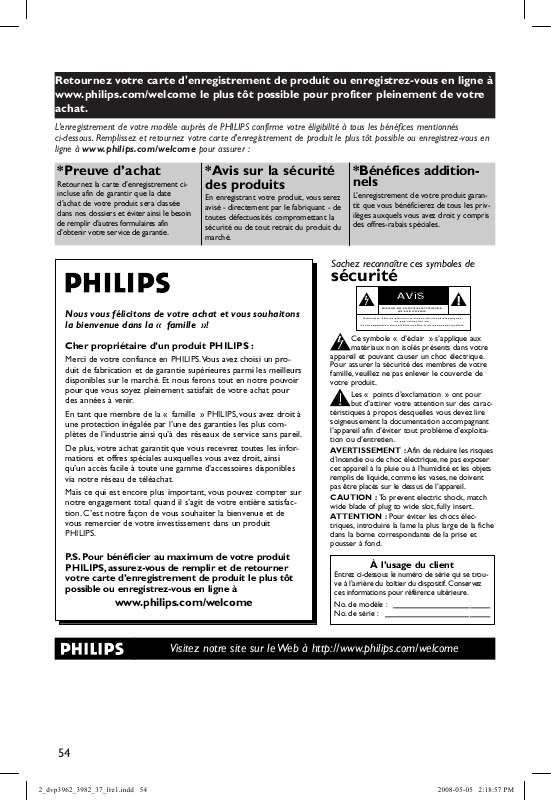 Guide utilisation PHILIPS DVP3962  de la marque PHILIPS