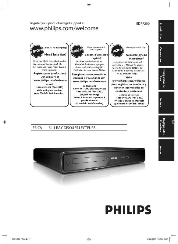 Guide utilisation PHILIPS BDP7200  de la marque PHILIPS