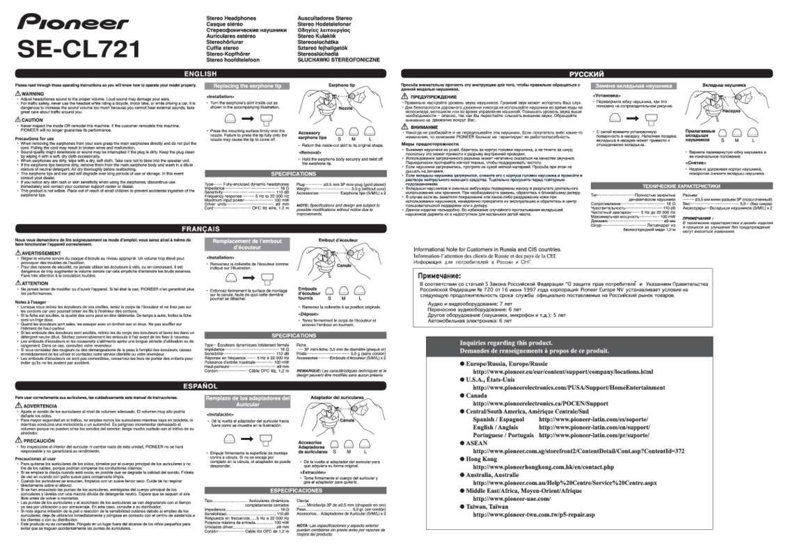 Guide utilisation PIONEER SE-CL721-K  de la marque PIONEER