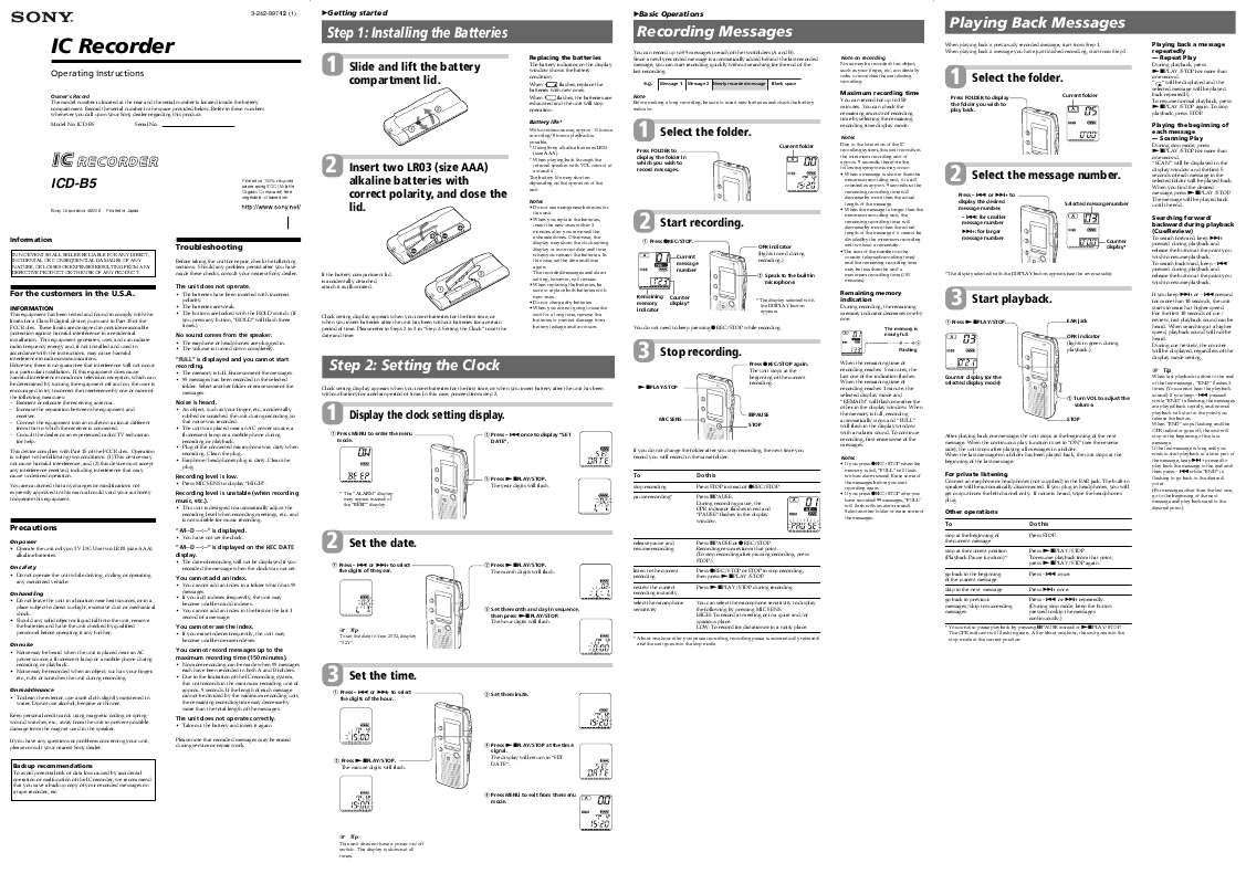 Guide utilisation SONY ICD-B5  de la marque SONY