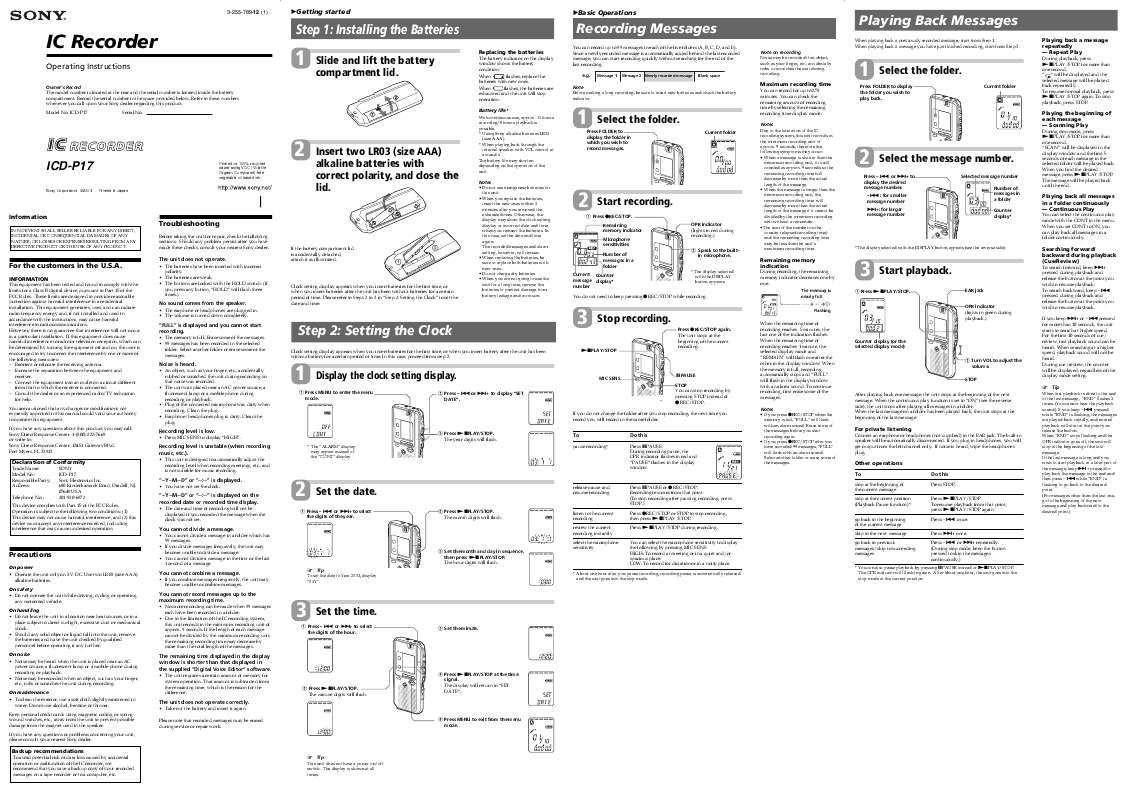 Guide utilisation SONY ICD-P17  de la marque SONY