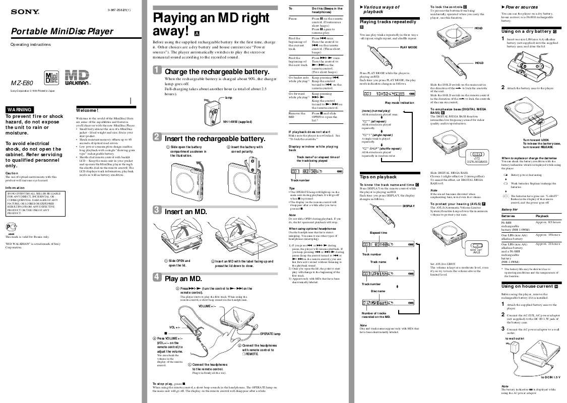 Guide utilisation SONY MZ-E80  de la marque SONY