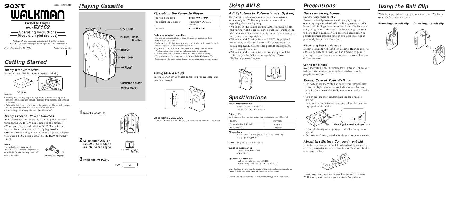 Guide utilisation SONY WM-EX152  de la marque SONY