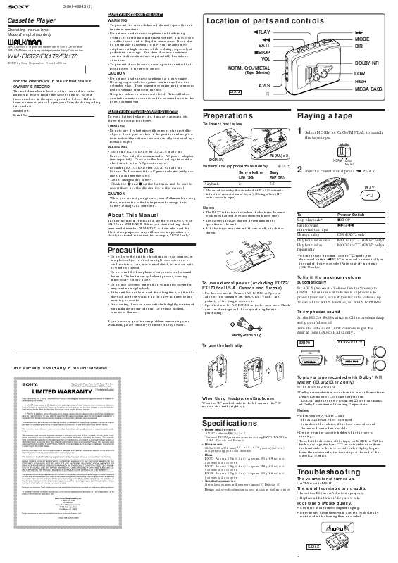 Guide utilisation SONY WM-EX170  de la marque SONY