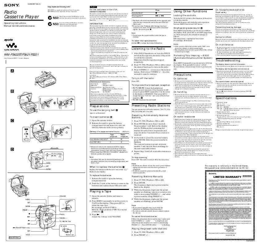 Guide utilisation SONY WM-FS221  de la marque SONY