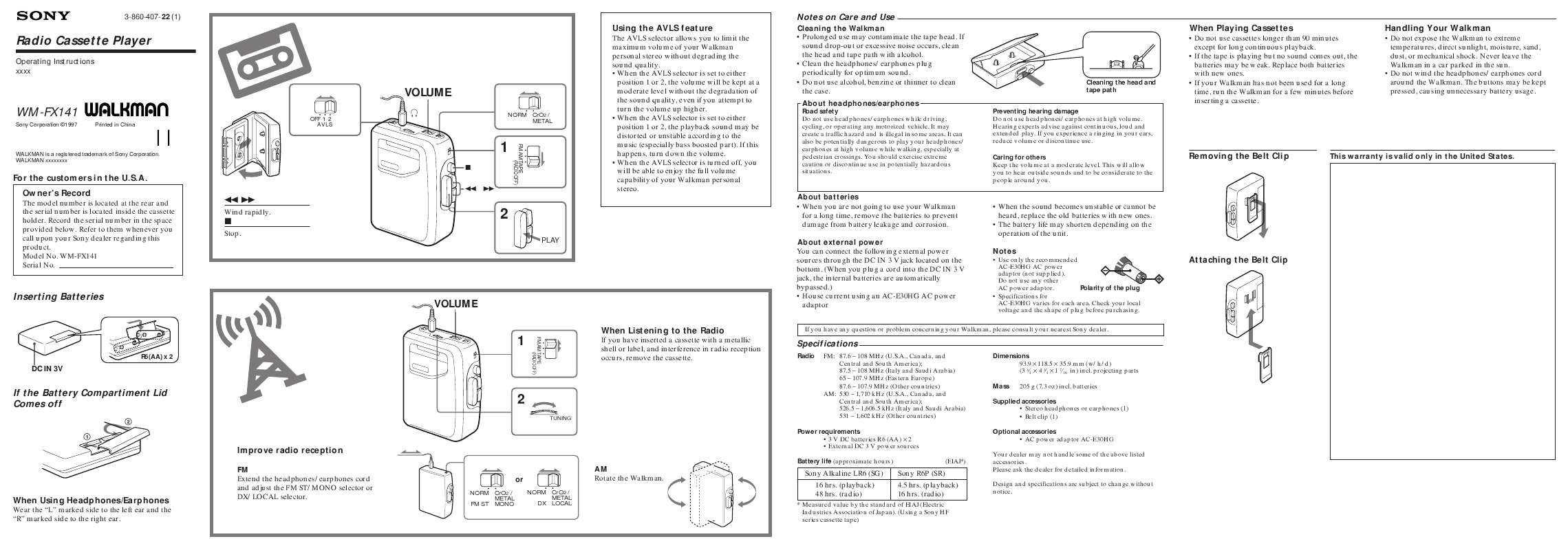 Guide utilisation SONY WM-FX141  de la marque SONY