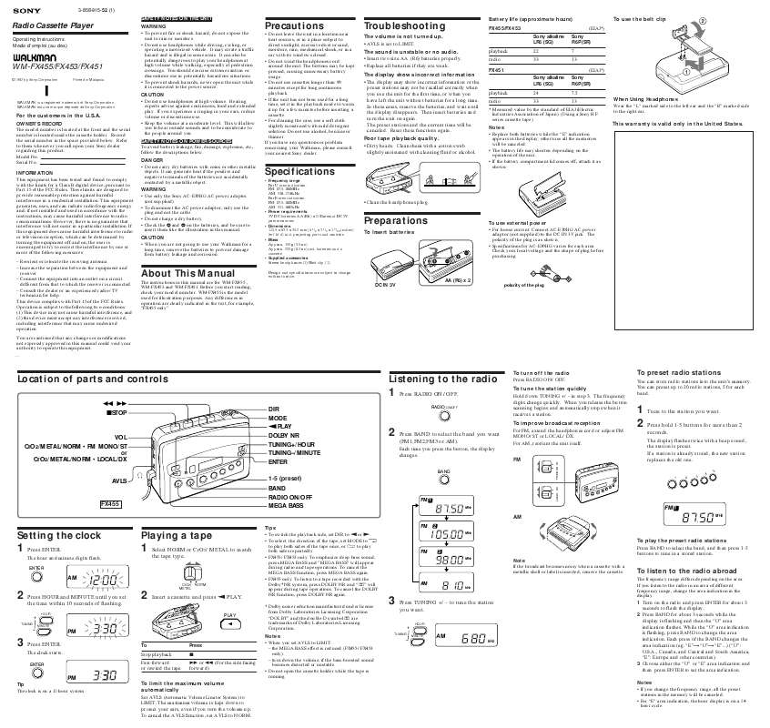 Guide utilisation SONY WM-FX451  de la marque SONY