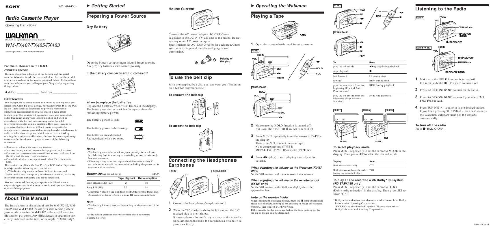 Guide utilisation SONY WM-FX485  de la marque SONY