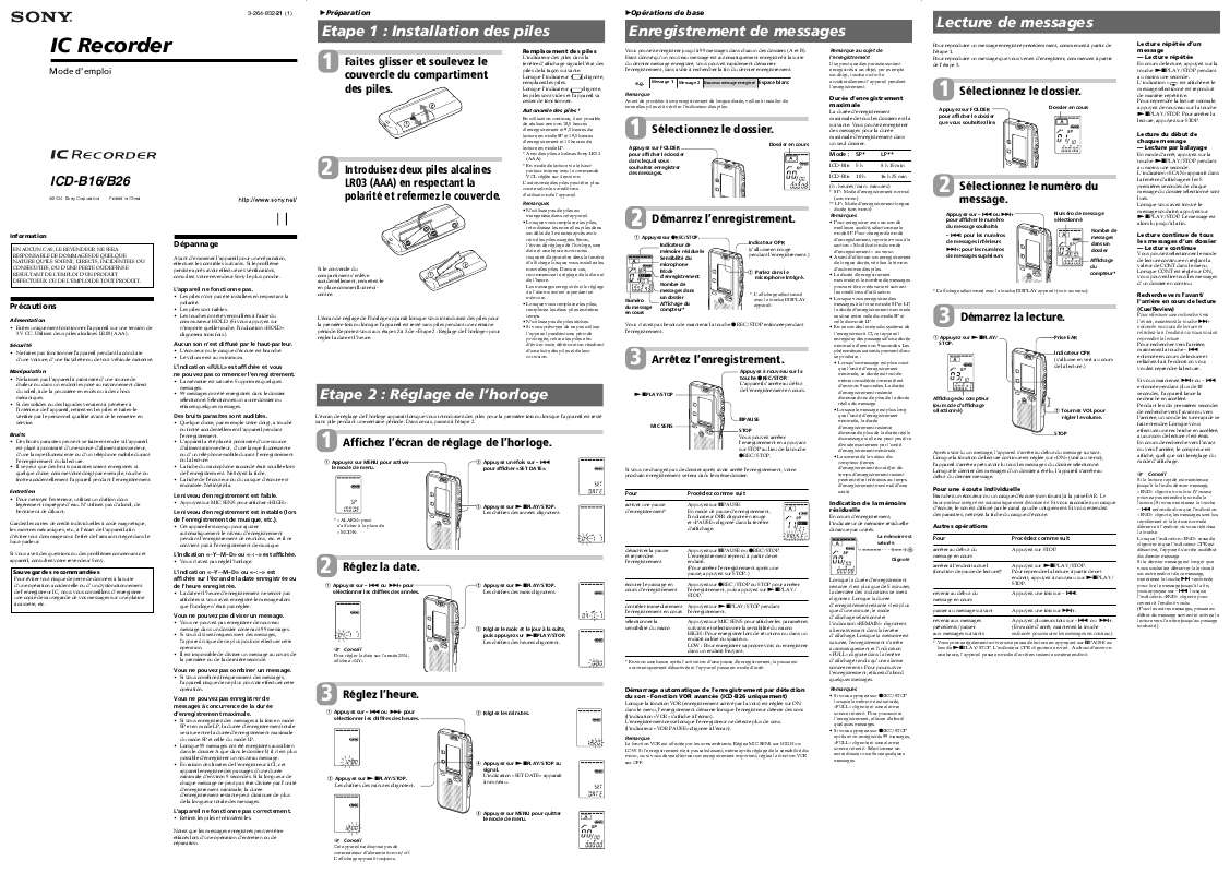 Guide utilisation SONY ICD-B16  de la marque SONY