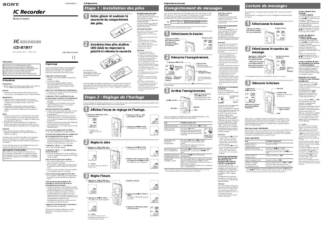Guide utilisation SONY ICD-B17  de la marque SONY