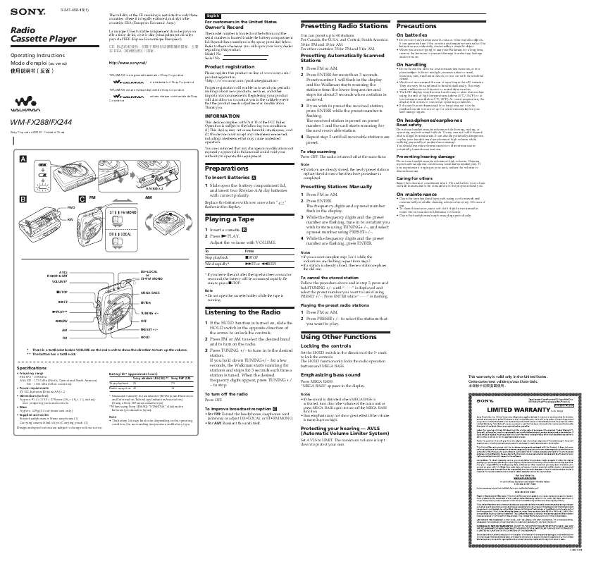 Guide utilisation SONY WM-FX288  de la marque SONY